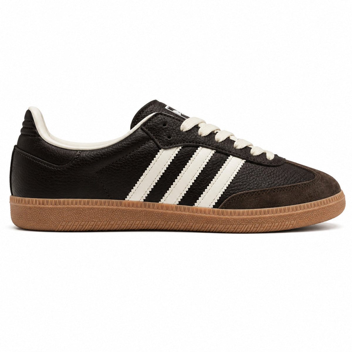 Adidas Samba OG marrón oscuro bandas blancas suela goma perfil izquierdo