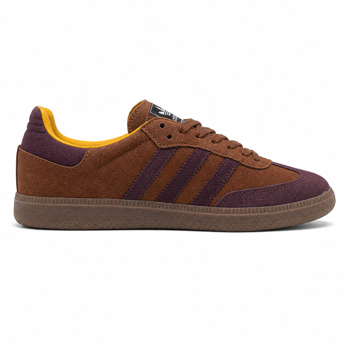 Adidas Samba OG marrón morado amarillo suela goma perfil derecho