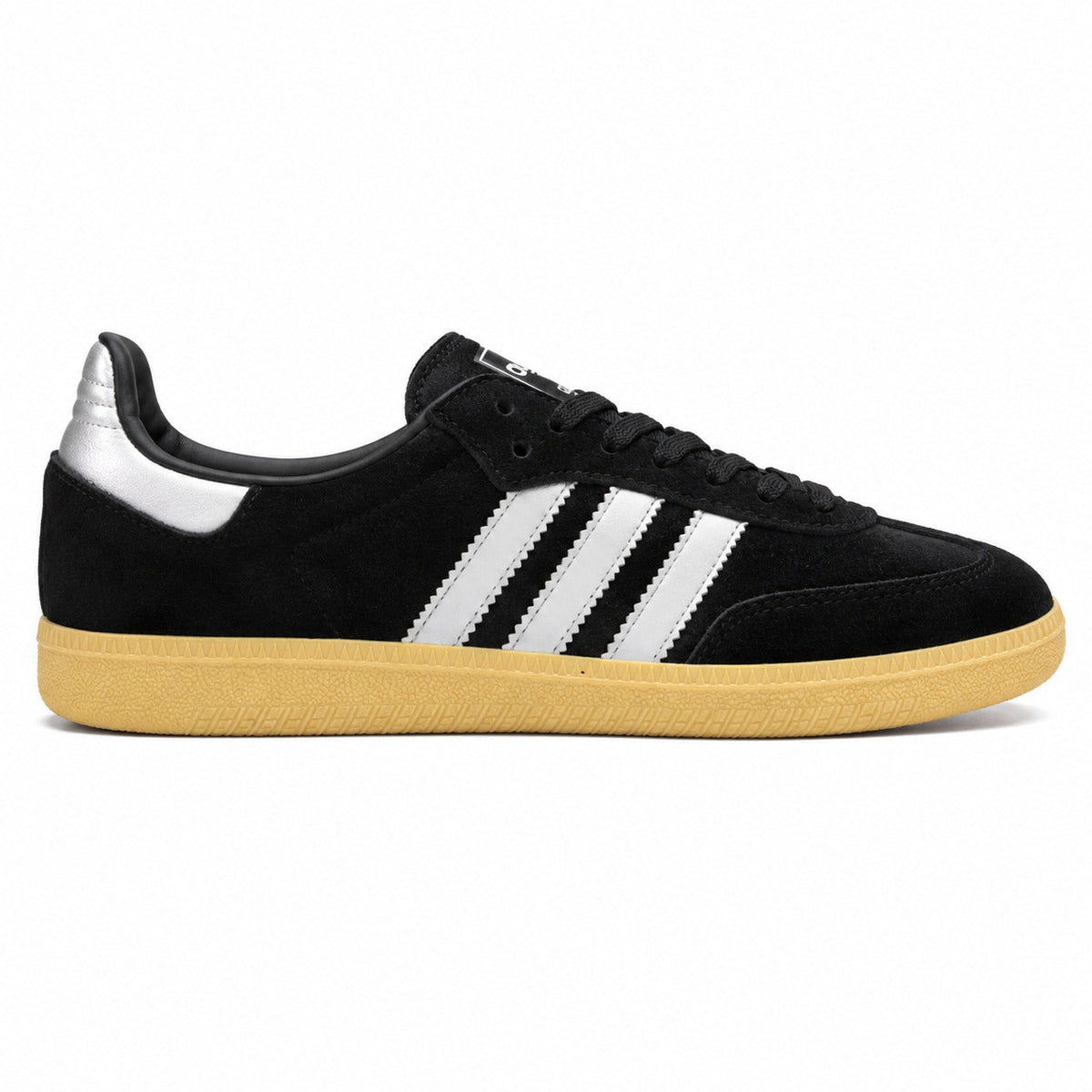 Adidas Samba OG negro blanco detalle talón plateado suela goma perfil derecho
