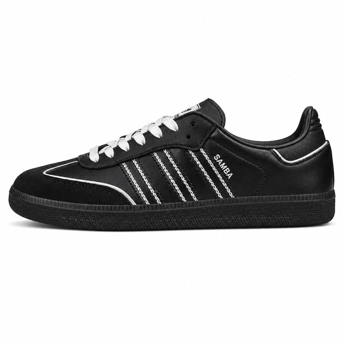 Adidas Samba OG negro cuero bandas ribete blanco suela negra perfil izquierdo