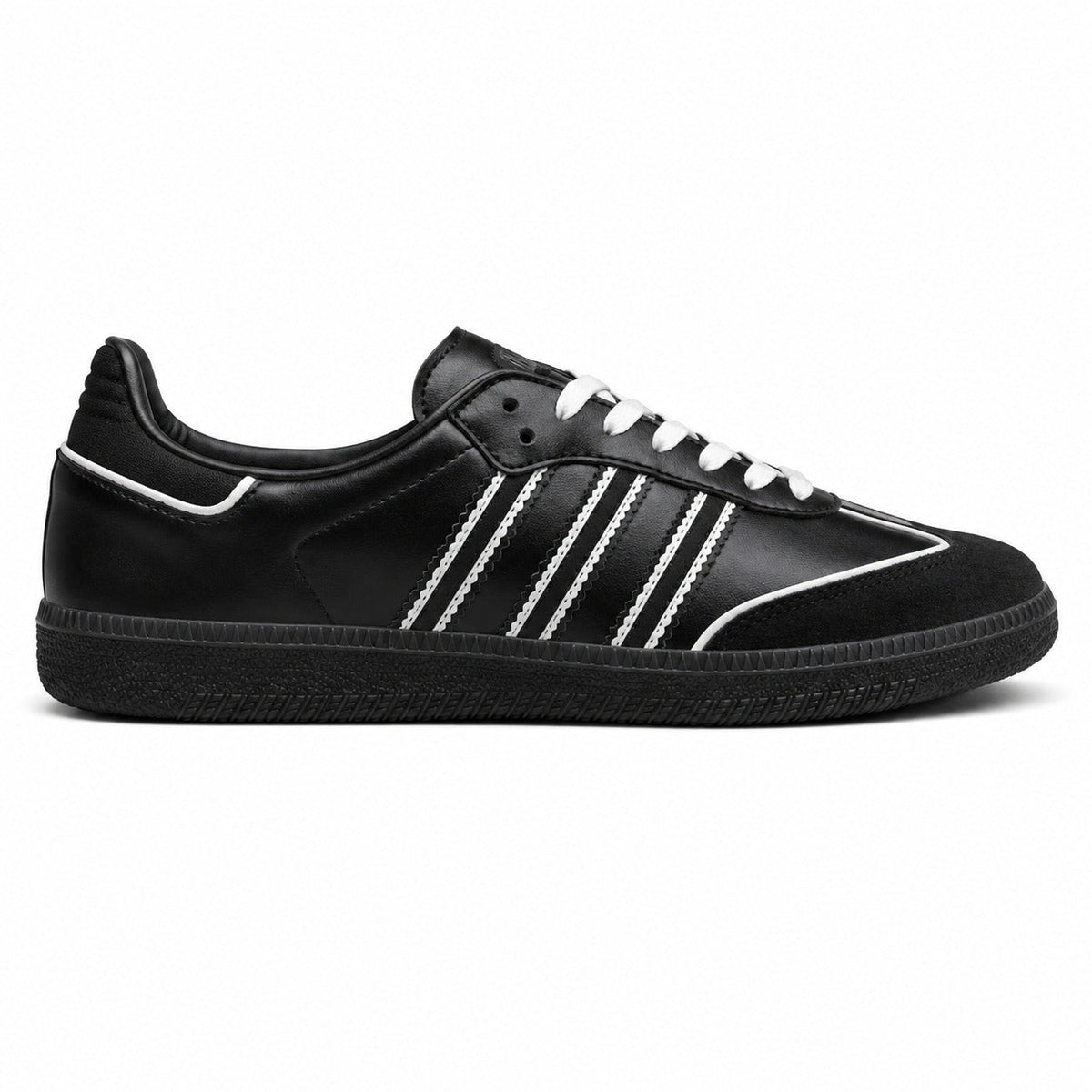 Adidas Samba OG negro cuero bandas ribete blanco suela negra perfil derecho