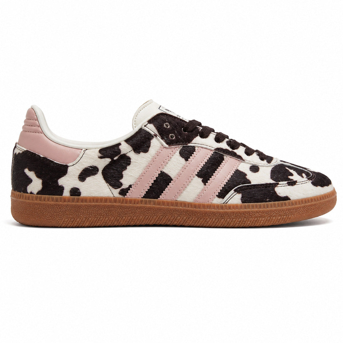 Adidas Samba OG pelo potro estampado vaca bandas rosa suela goma perfil derecho