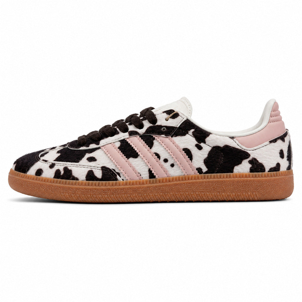 Adidas Samba OG pelo potro estampado vaca bandas rosa suela goma perfil izquierdo