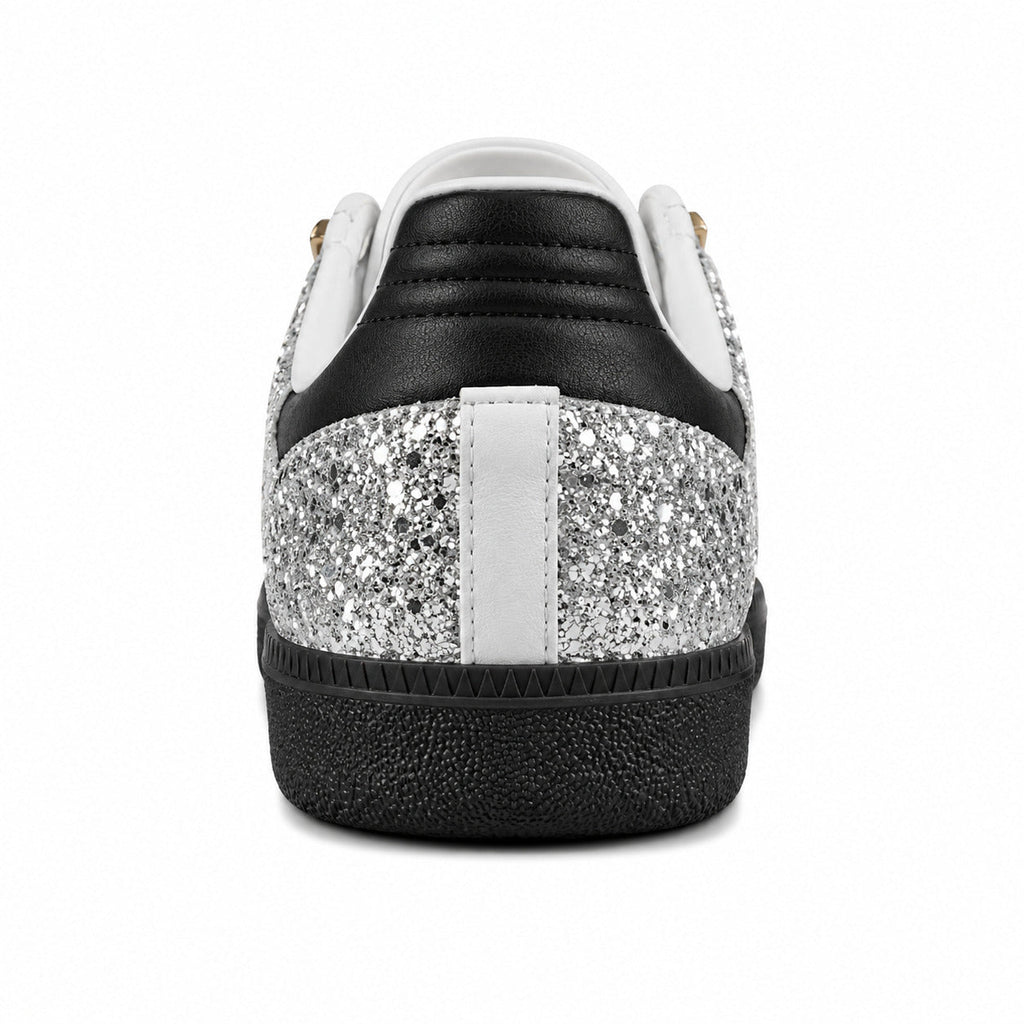 Adidas Samba OG purpurina plata talón negro blanco suela negra