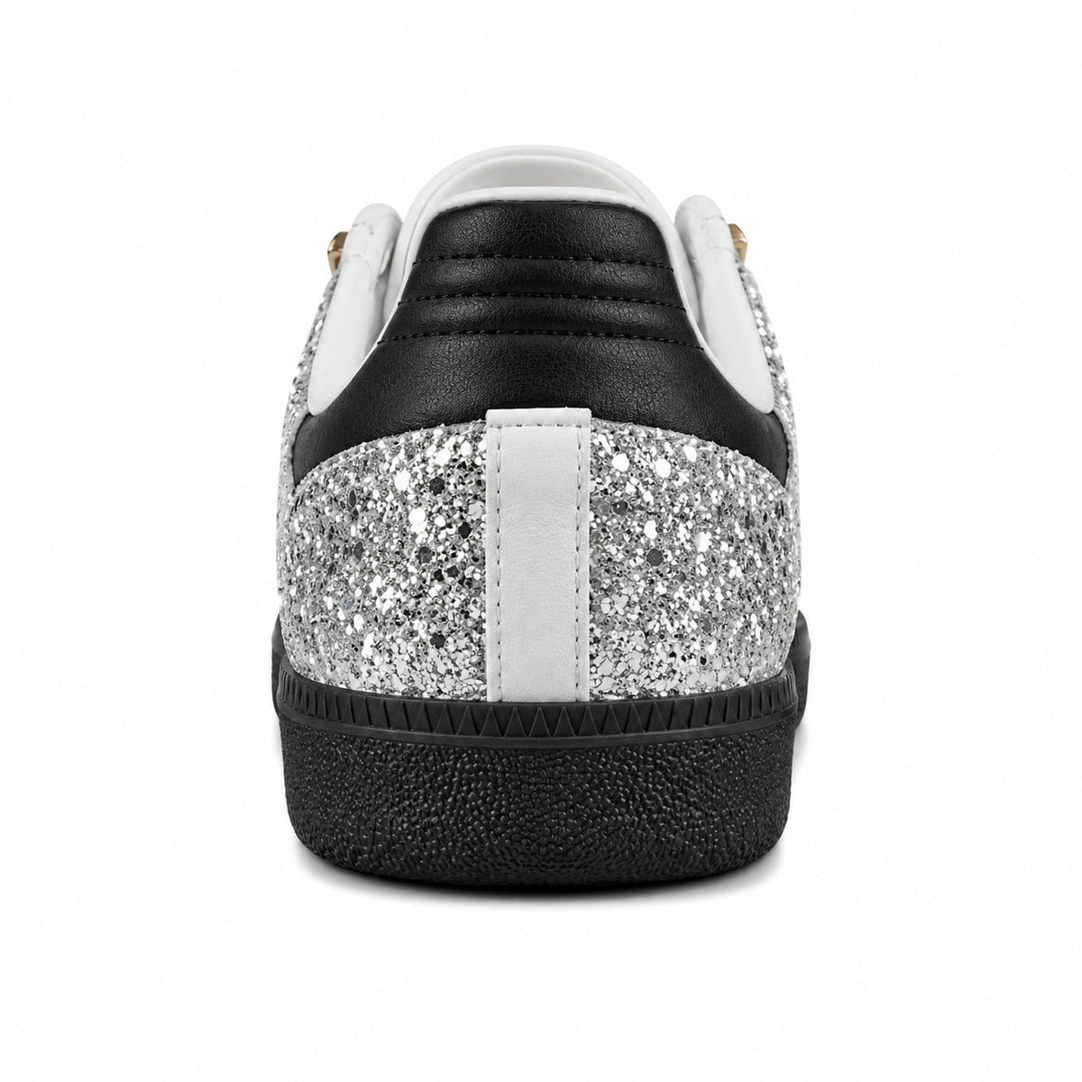 Adidas Samba OG purpurina plata talón negro blanco suela negra