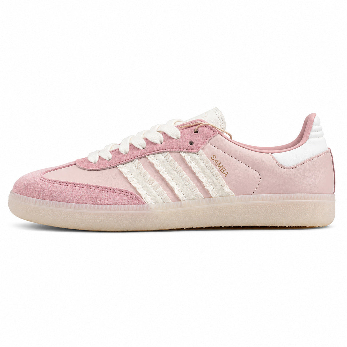Adidas Samba OG rosa palo bandas volantes crema suela crema perfil izquierdo