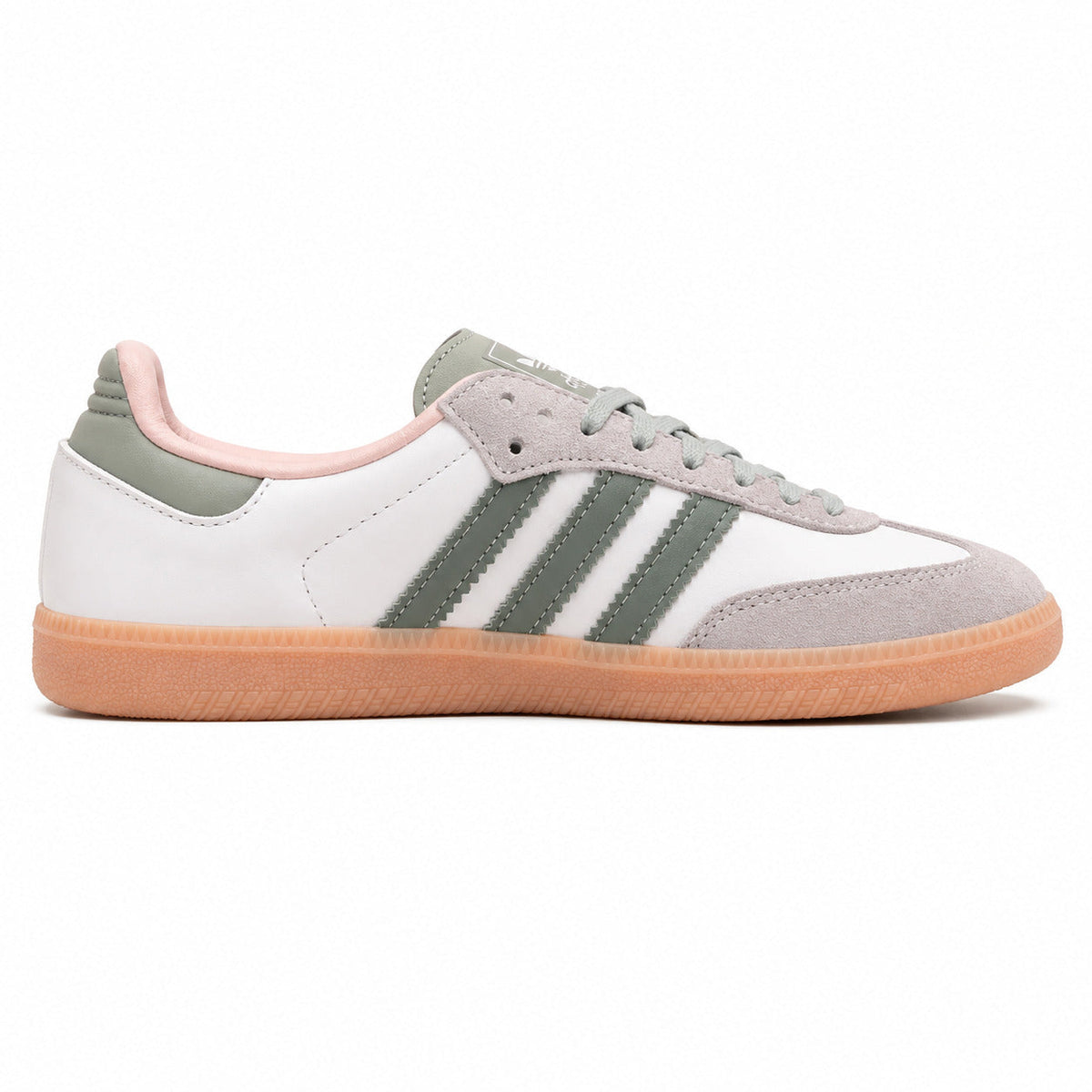 Adidas Samba Vegan blanco bandas verde salvia suela goma rosa perfil derecho