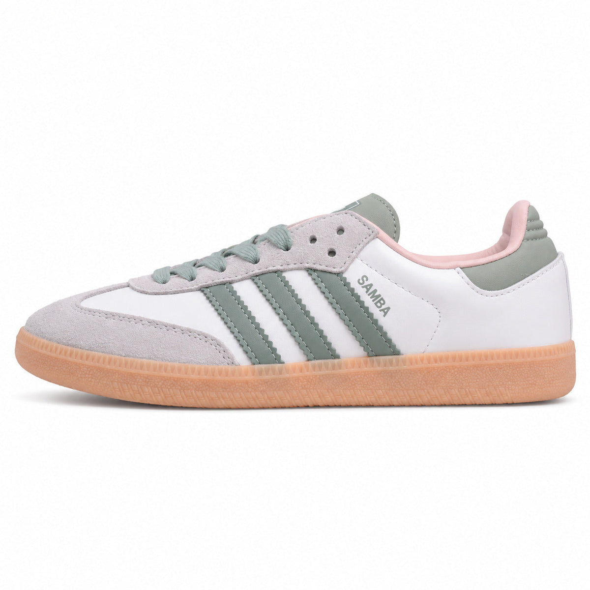 Adidas Samba Vegan blanco bandas verde salvia suela goma rosa perfil izquierdo