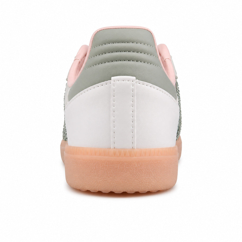 Adidas Samba Vegan blanco detalle talón verde salvia rosa suela melocotón
