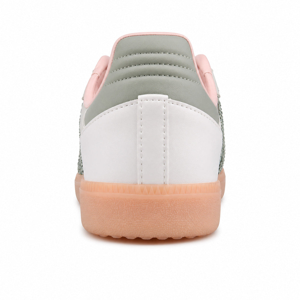 Adidas Samba Vegan blanco detalle talón verde salvia rosa suela melocotón
