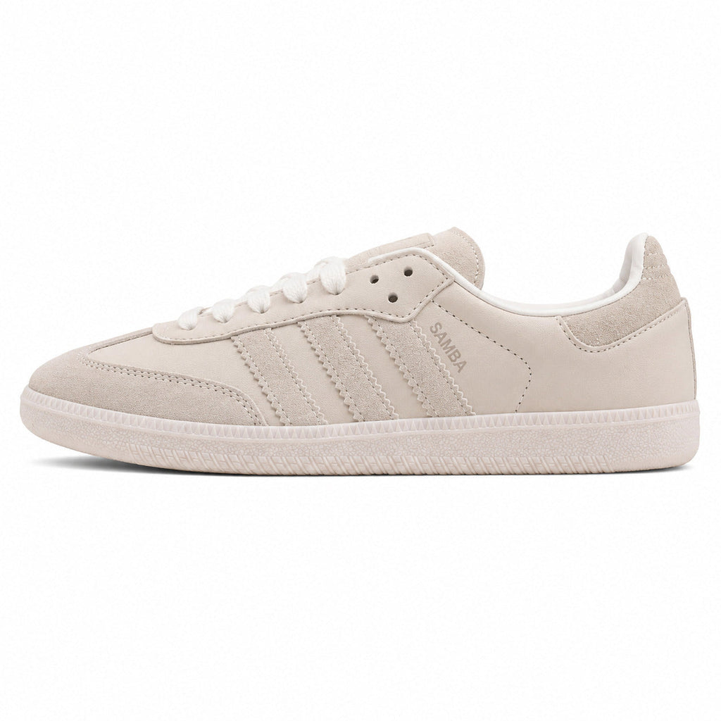 Adidas Samba Vegan crema tonal bandas ante beige suela blanca perfil izquierdo