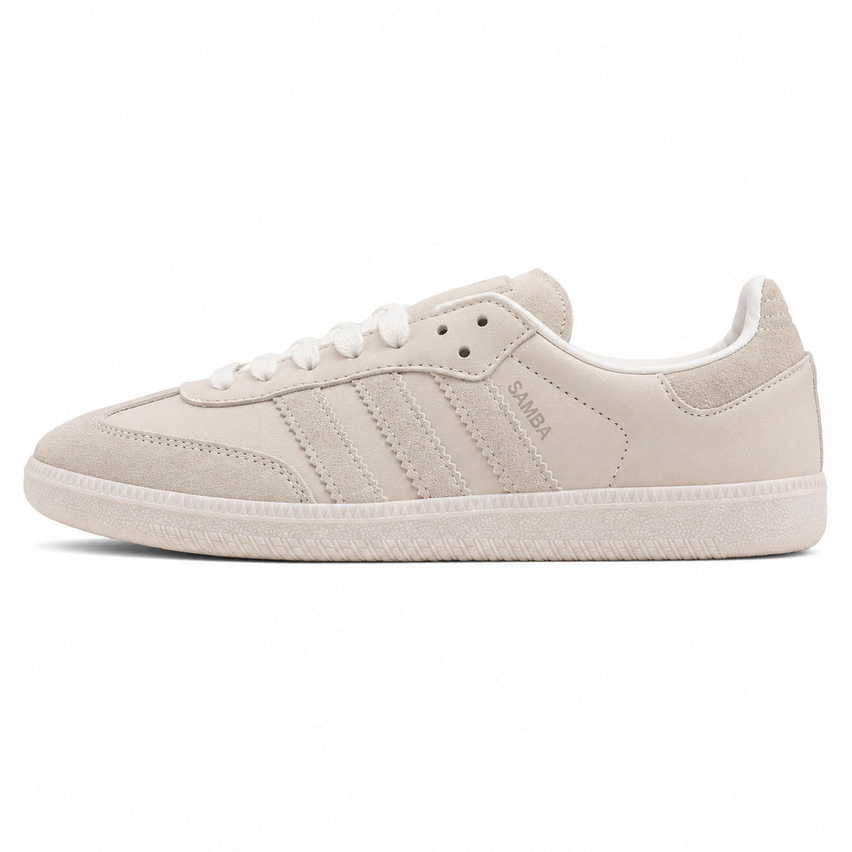 Adidas Samba Vegan crema tonal bandas ante beige suela blanca perfil izquierdo