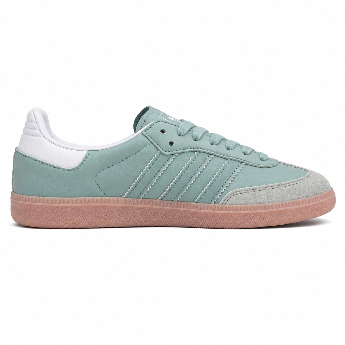 Adidas Samba Vegan verde menta bandas blancas suela goma rosa perfil derecho