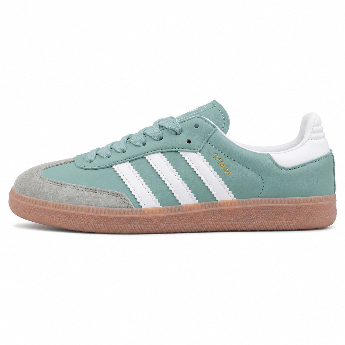 Adidas Samba Vegan verde menta bandas blancas suela goma rosa perfil izquierdo