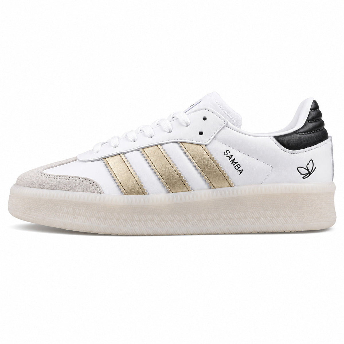 Adidas Samba XLG blanco bandas doradas talón negro plataforma crema perfil izquierdo
