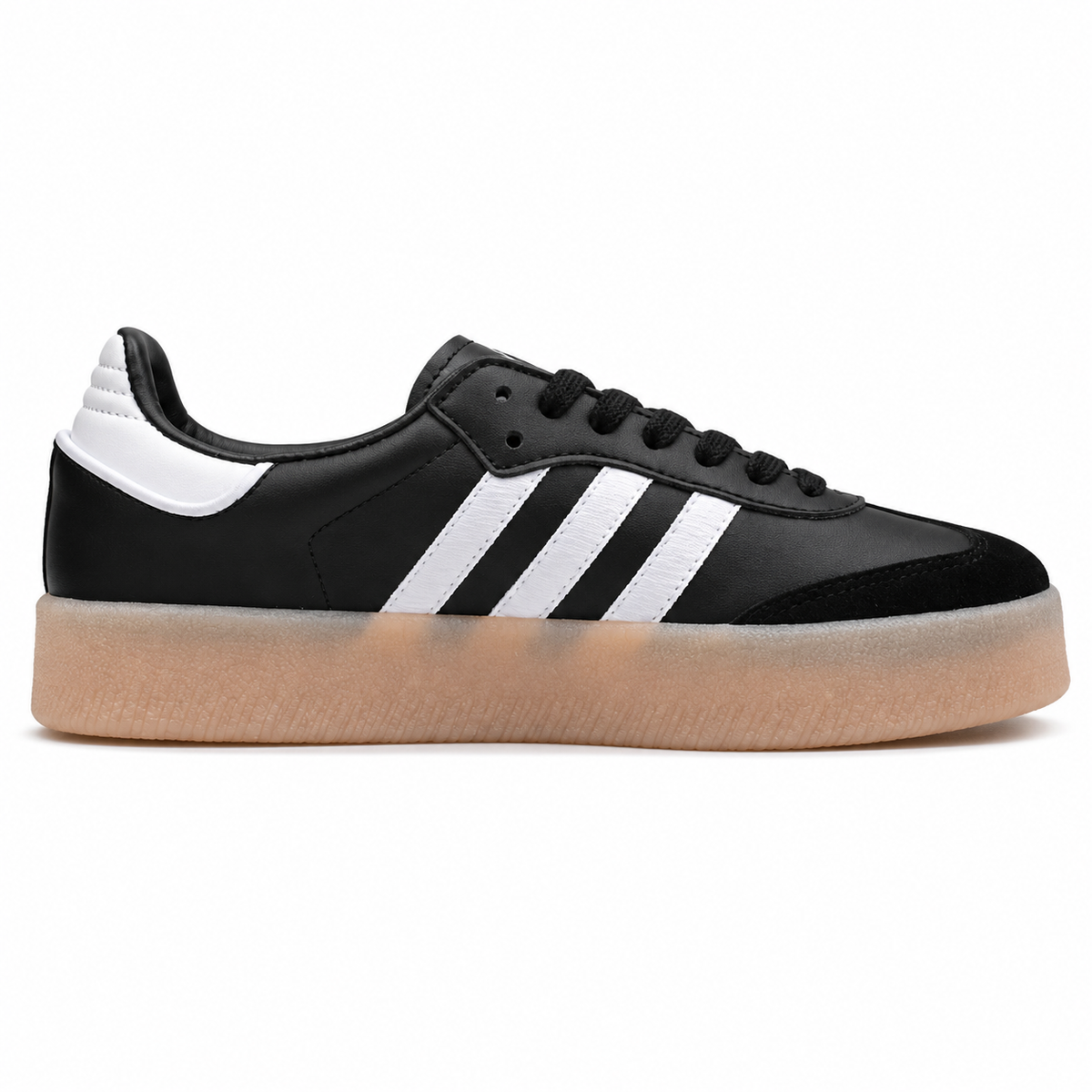 Adidas Sambae W negro cuero bandas blancas suela plataforma goma perfil derecho