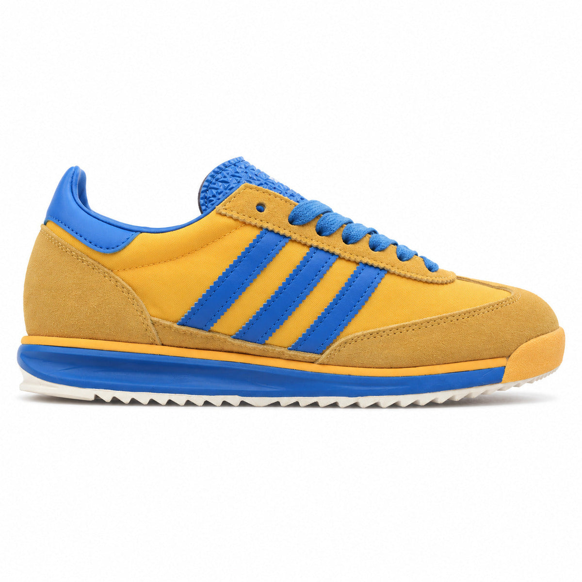 Adidas SL 72 amarillo mostaza bandas azul royal suela crema perfil derecho