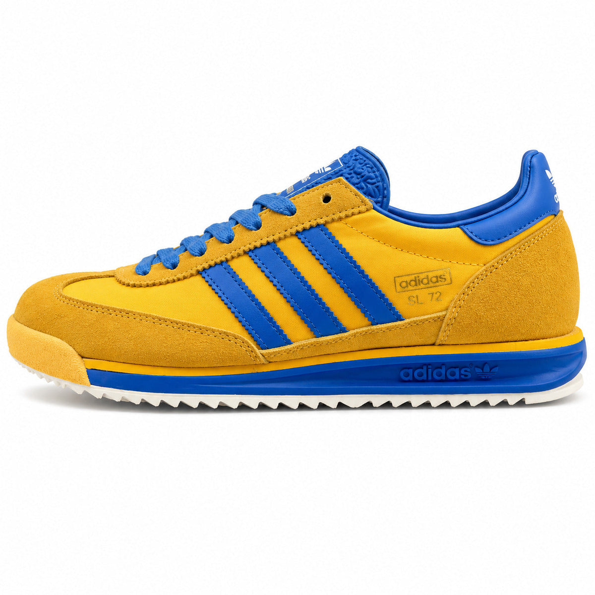 Adidas SL 72 amarillo mostaza bandas azul royal suela crema perfil izquierdo