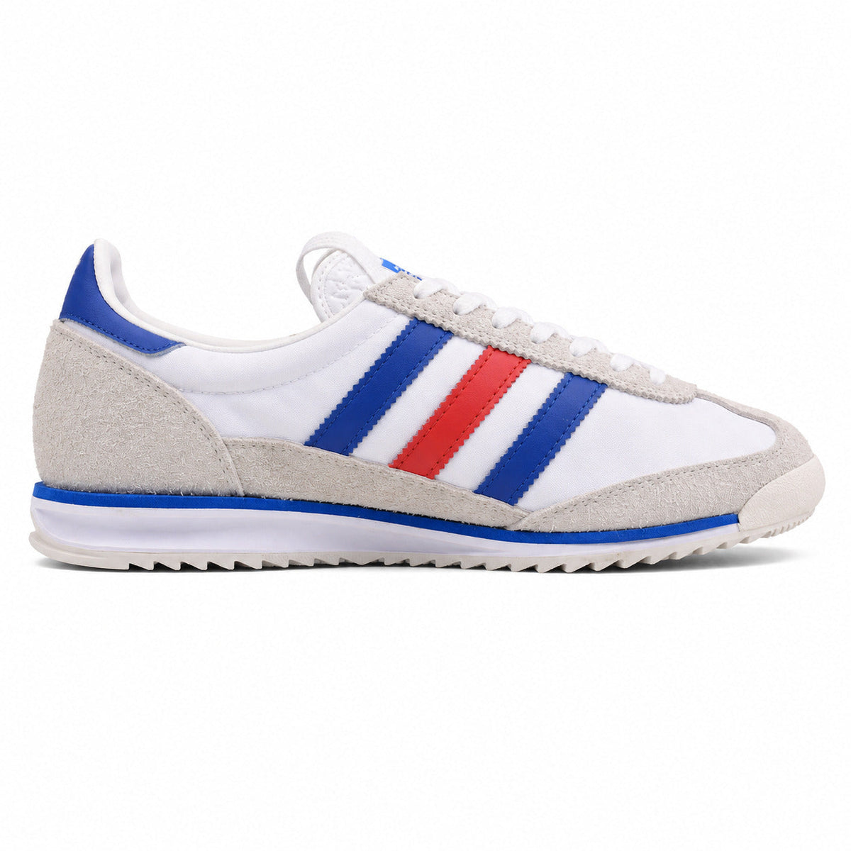 Adidas SL 72 blanco ante gris bandas tricolor azul rojo suela crema perfil derecho