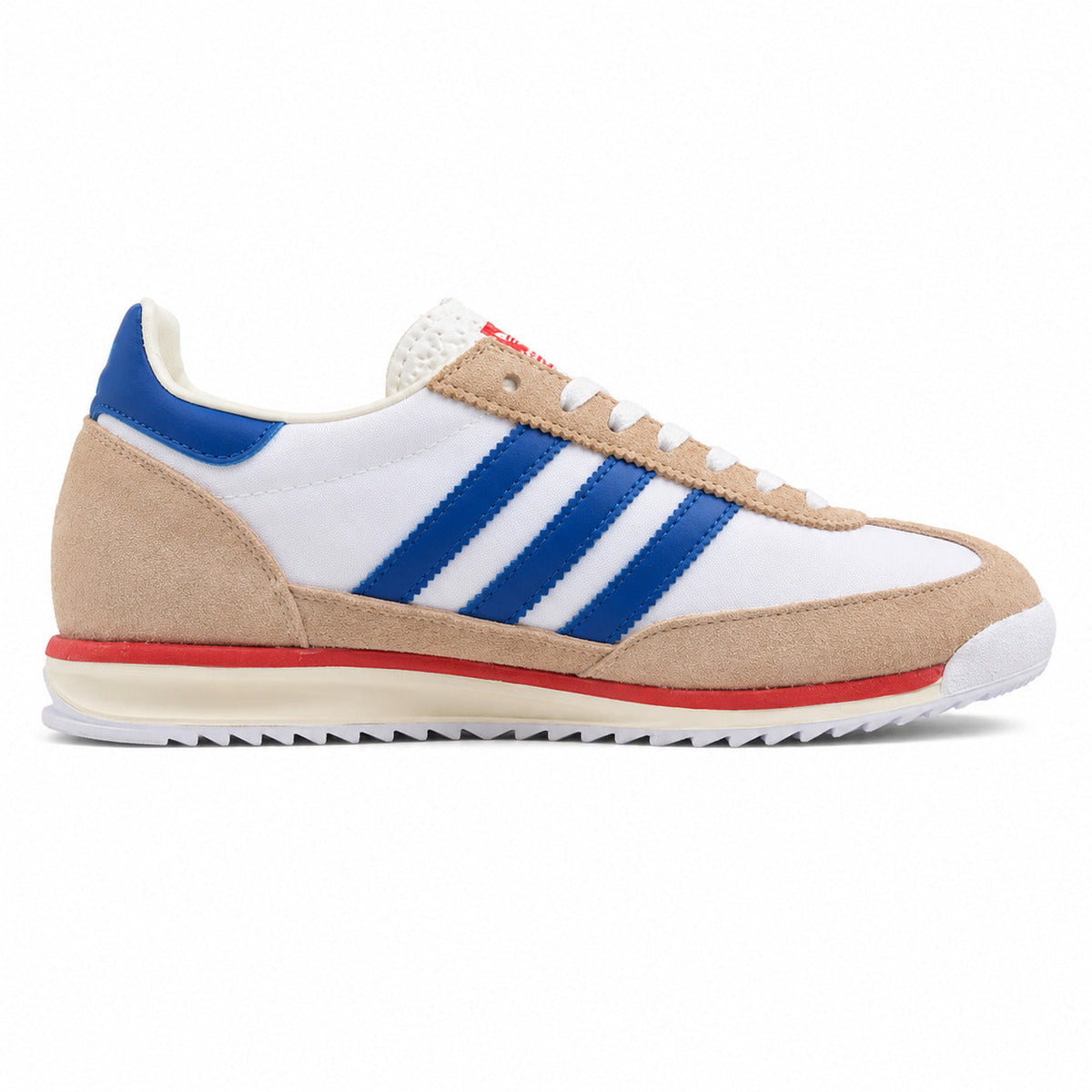 Adidas SL 72 blanco nylon ante beige bandas azul royal franja roja perfil derecho