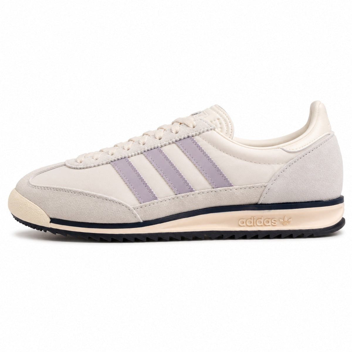 Adidas SL 72 crema ante gris bandas lila franja marino suela negra perfil izquierdo