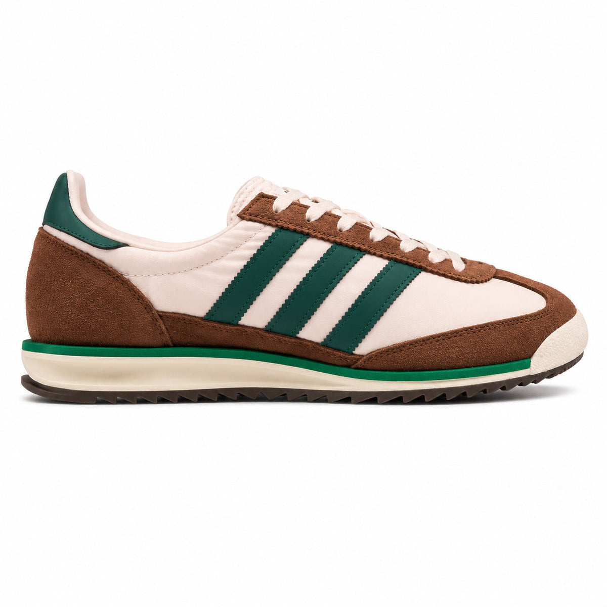Adidas SL 72 crema nylon ante marrón bandas verde bosque suela ripple perfil derecho