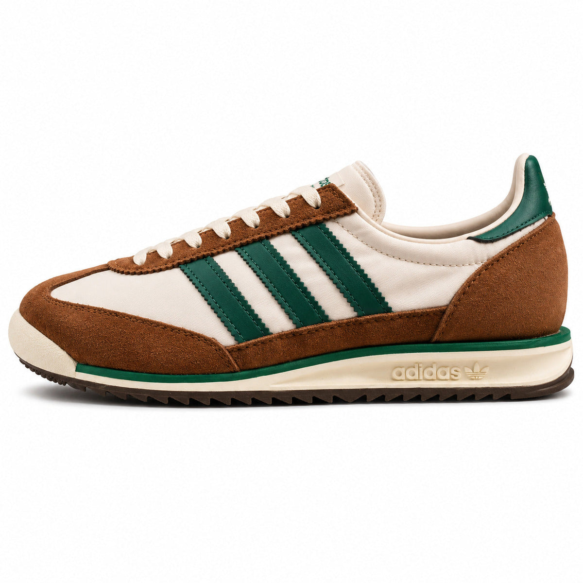 Adidas SL 72 crema nylon ante marrón bandas verde bosque suela ripple perfil izquierdo
