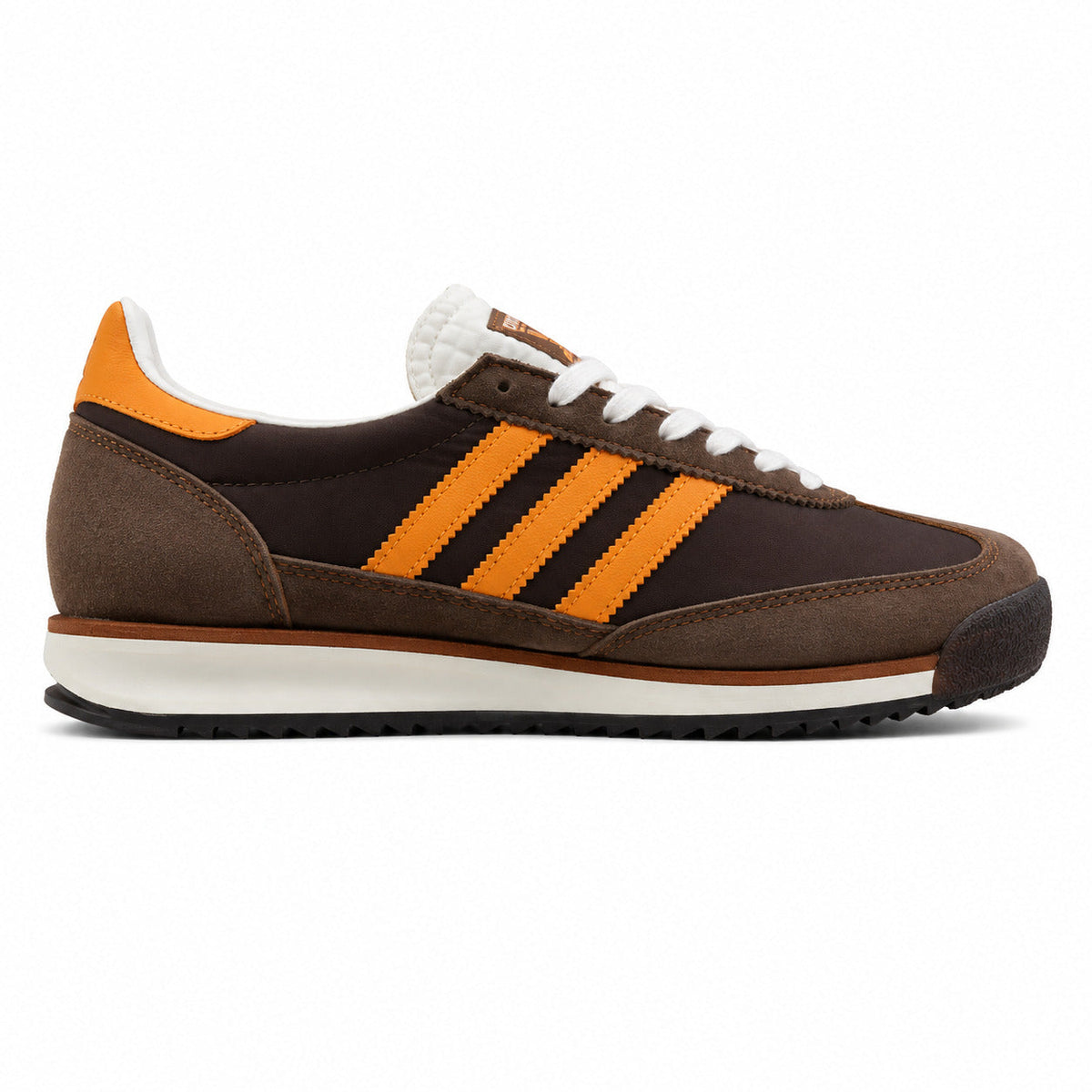 Adidas SL 72 marrón chocolate ante bandas naranja suela ripple goma perfil derecho