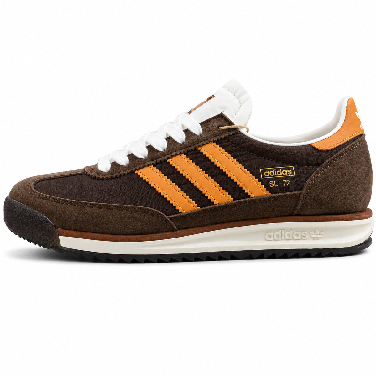 Adidas SL 72 marrón chocolate bandas naranja mediasuela crema perfil izquierdo