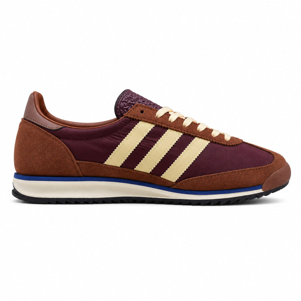 Adidas SL 72 RS granate ante tostado bandas vainilla franja azul perfil derecho