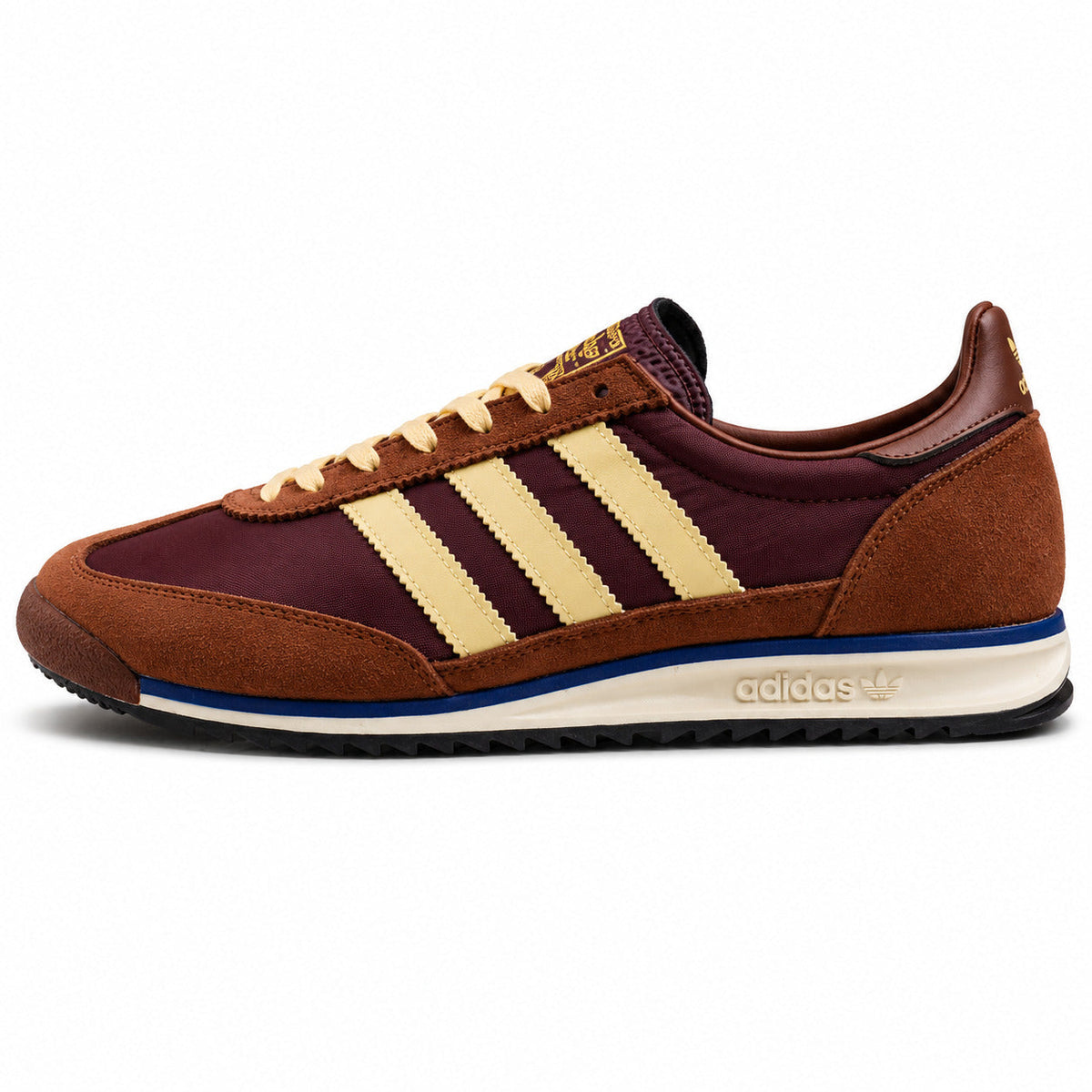 Adidas SL 72 RS granate ante tostado bandas vainilla franja azul perfil izquierdo