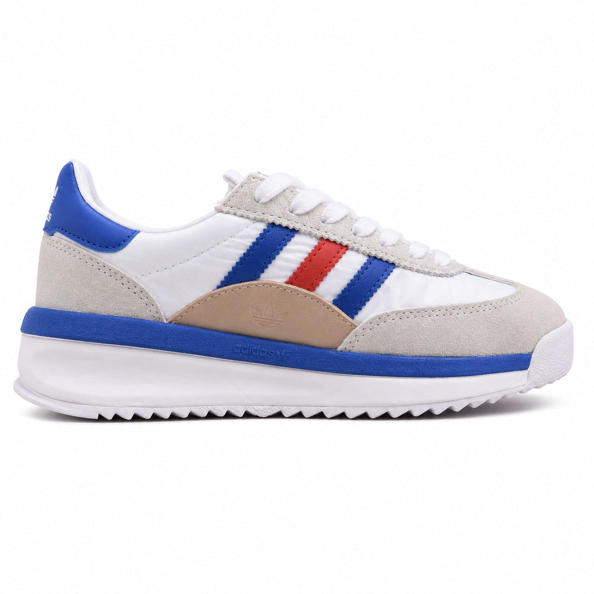 Adidas SL 72 RTN blanco nylon ante gris bandas tricolor azul rojo suela boost perfil derecho