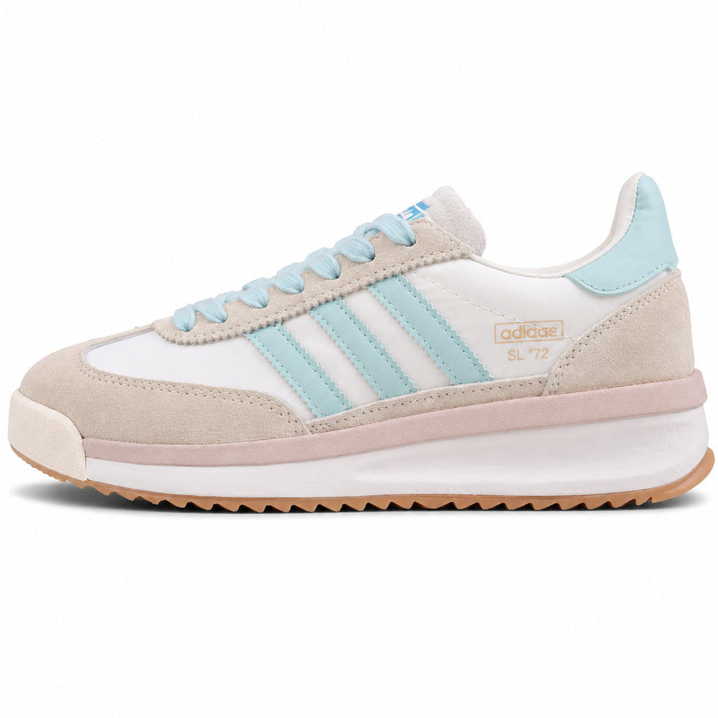 Adidas SL 72 RTN blanco beige bandas azul cielo franja rosa boost perfil izquierdo