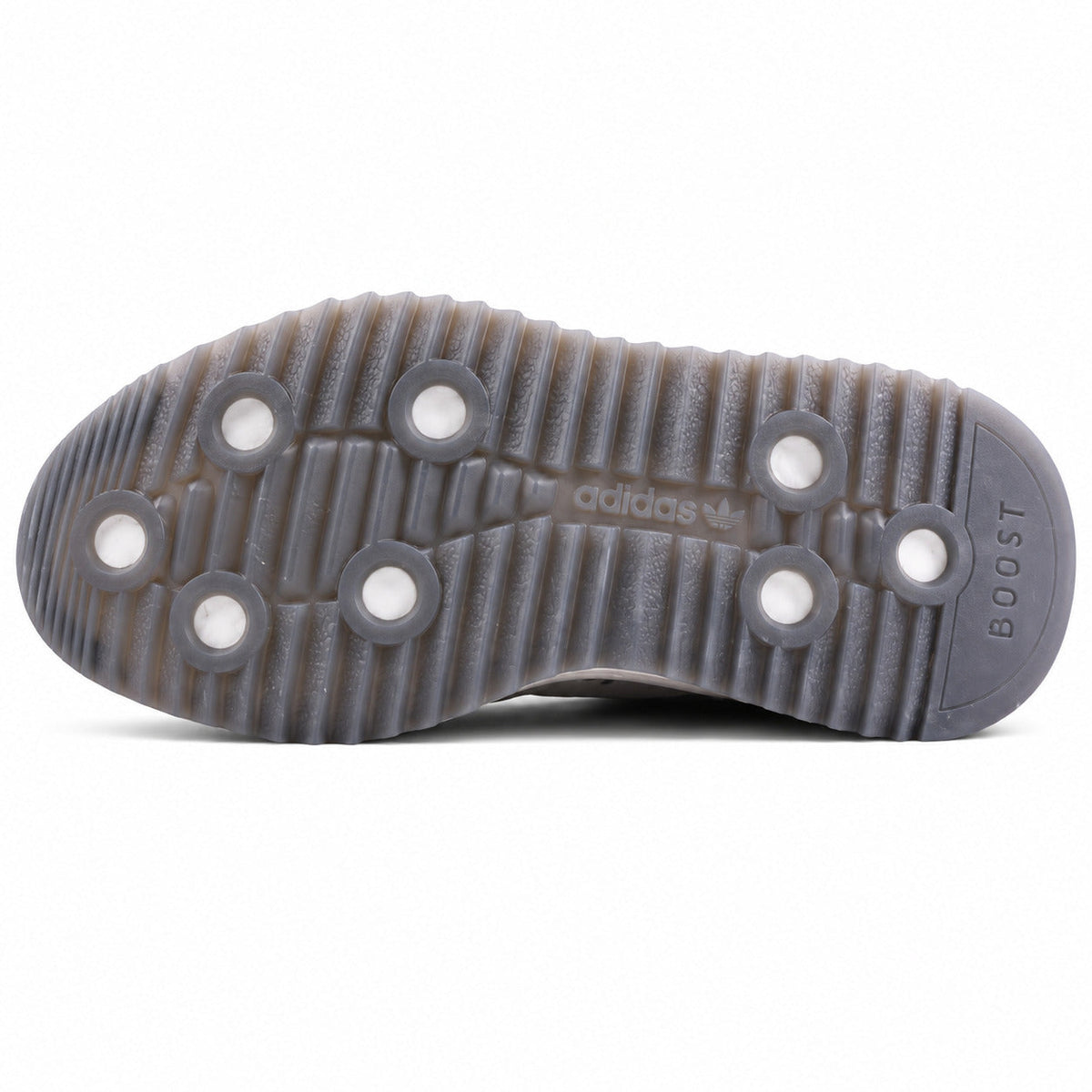 Adidas SL 72 RTN gris perla suela boost gris studs circulares blancos adidas vista inferior