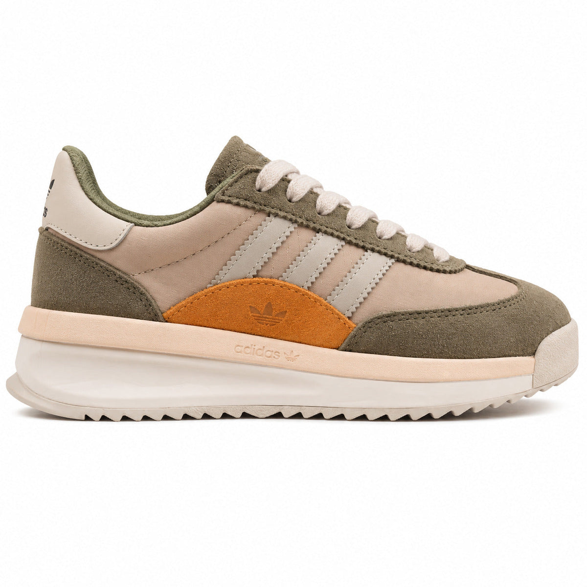 Adidas SL 72 RTN verde oliva beige patch naranja trefoil suela boost crema perfil derecho