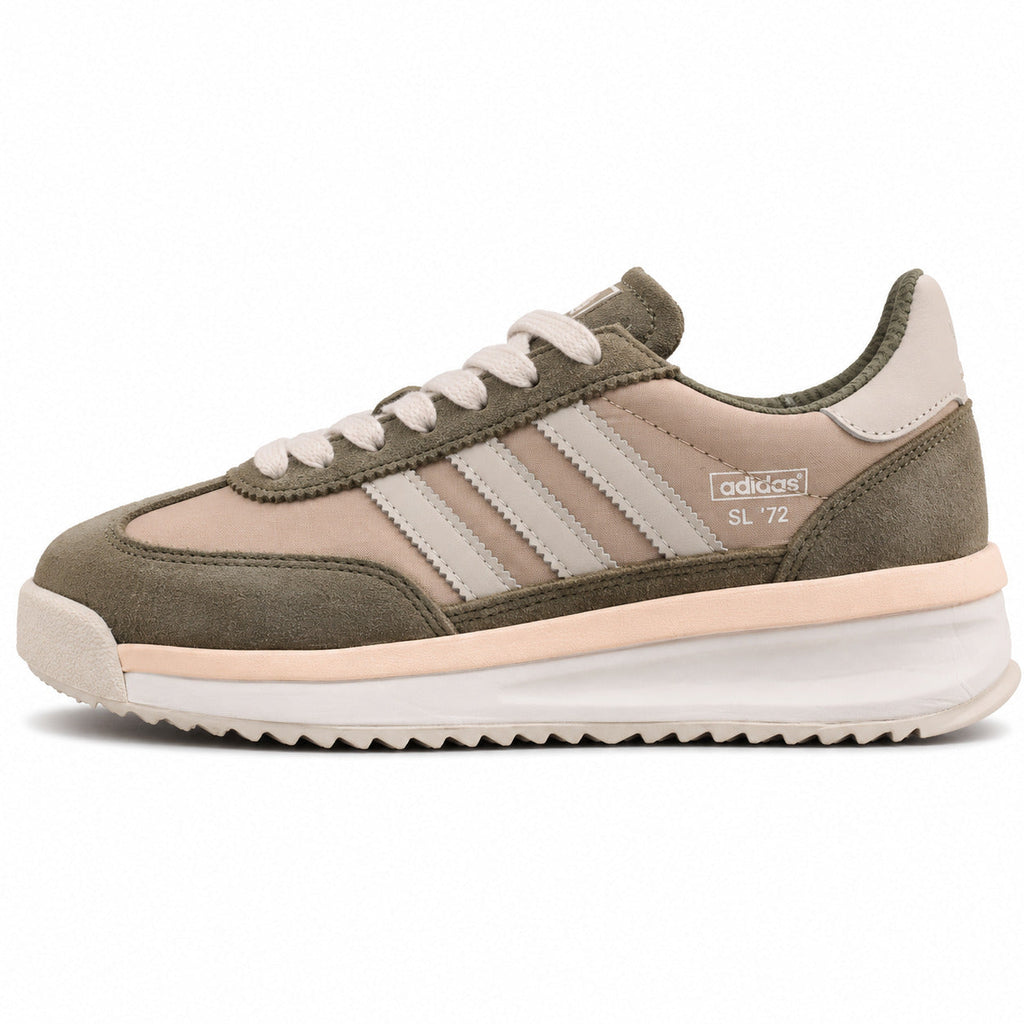 Adidas SL 72 RTN verde oliva beige bandas gris hielo mediasuela boost crema perfil izquierdo