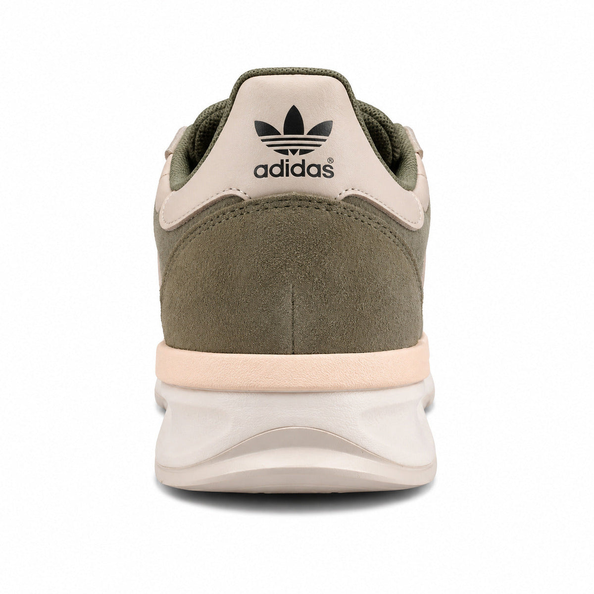 Adidas SL 72 RTN verde oliva detalle talón crema trefoil negro mediasuela boost elevada