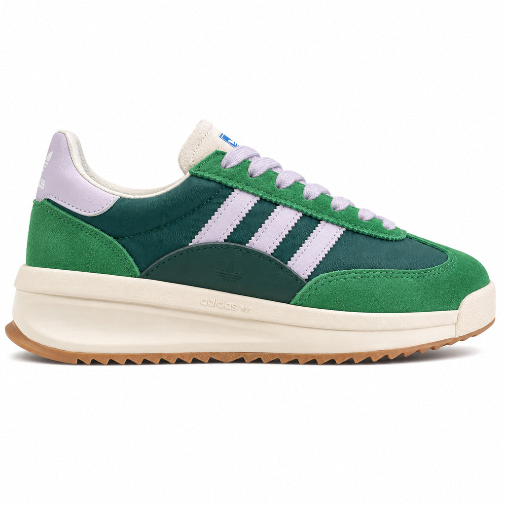 Adidas SL 72 RTN verde hierba ante nylon bandas lila mediasuela crema boost perfil derecho
