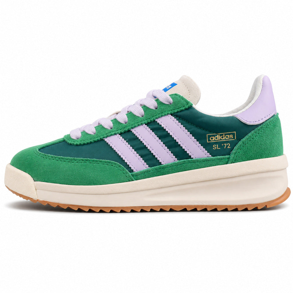 Adidas SL 72 RTN verde hierba teal bandas lila cordones blancos boost crema perfil izquierdo