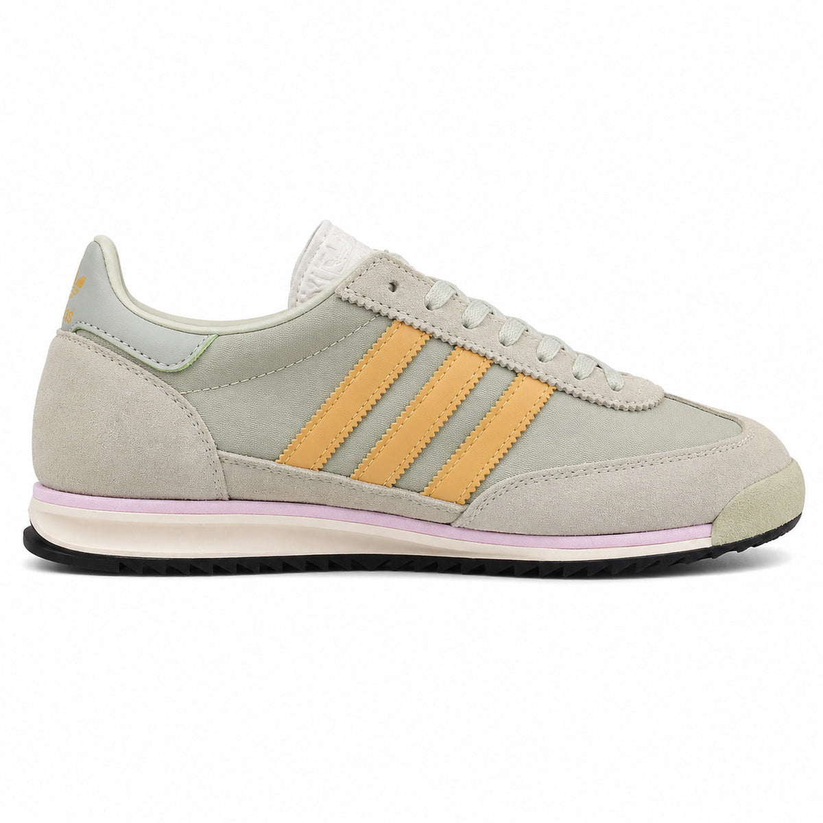 Adidas SL 72 verde salvia nylon bandas mostaza franja lila mediasuela crema perfil derecho