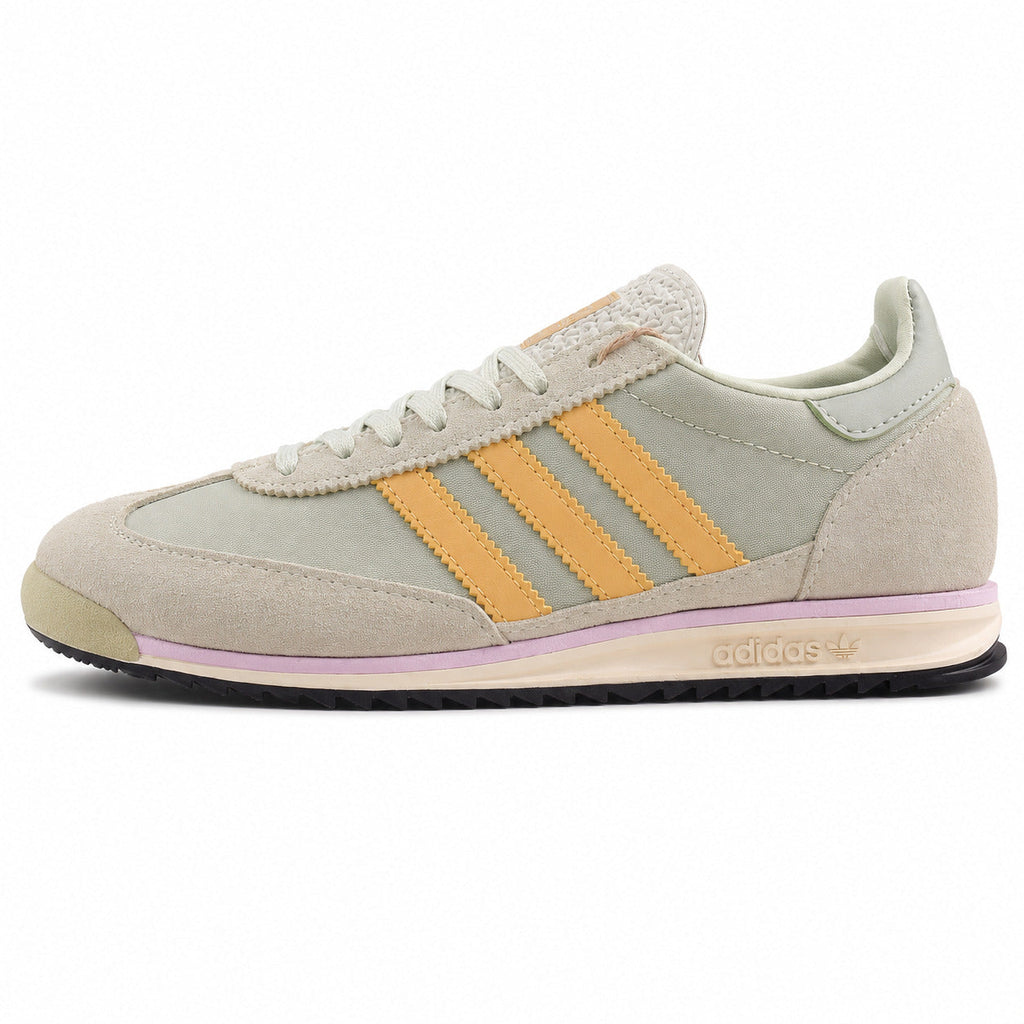 Adidas SL 72 verde salvia nylon ante crema bandas mostaza franja lila perfil izquierdo