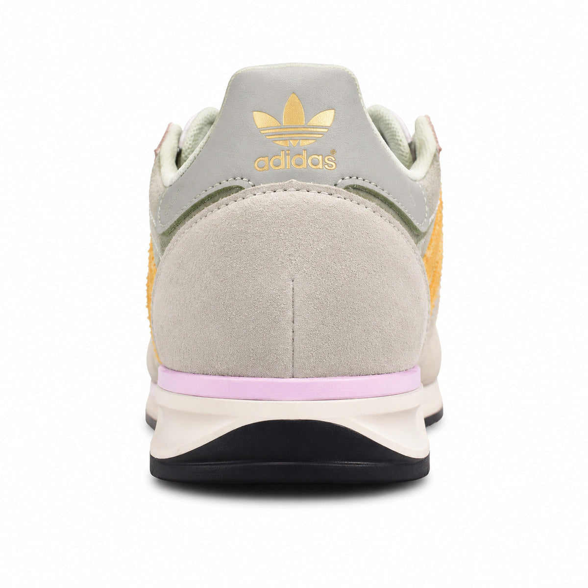 Adidas SL 72 verde salvia detalle talón gris trefoil dorado franja lila mediasuela crema