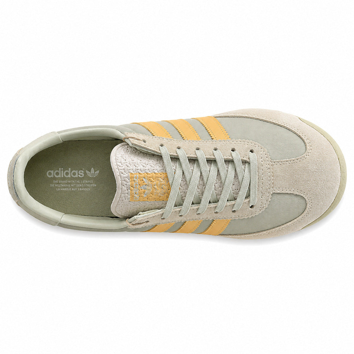 Adidas SL 72 verde salvia mostaza crema cordones gris plantilla heritage trilingüe vista superior