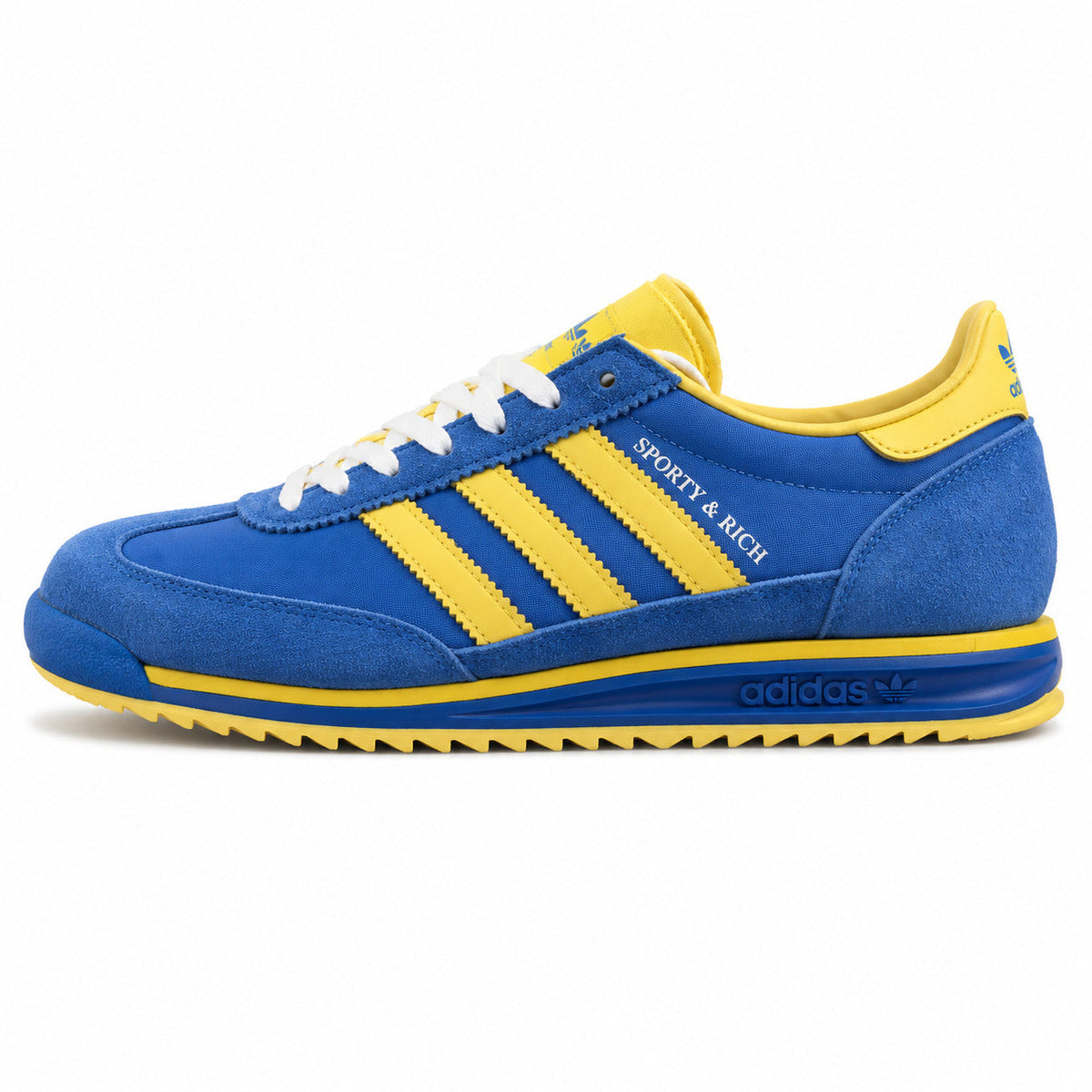 Adidas SL 72 x Sporty Rich azul royal bandas amarillo suela amarilla perfil izquierdo