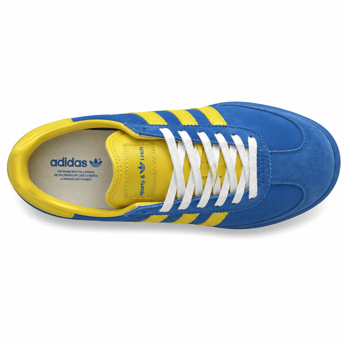 Adidas SL 72 x Sporty Rich azul amarillo ante cordones blancos vista superior