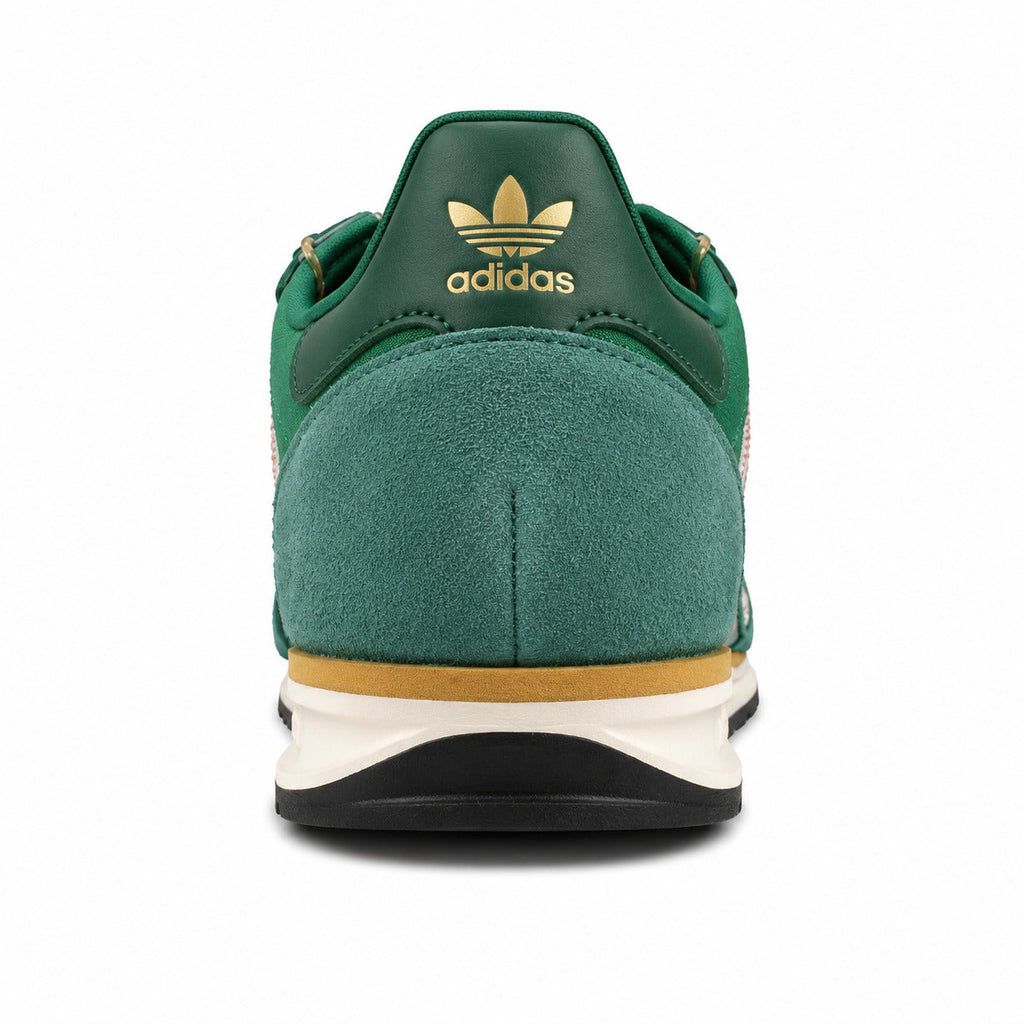 Adidas SL 72 verde esmeralda detalle talón cuero verde trefoil dorado ojales dorados
