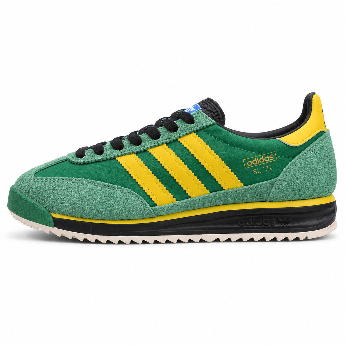 Adidas SL 72 verde esmeralda ante menta bandas amarillo cordones negros suela crema perfil izquierdo