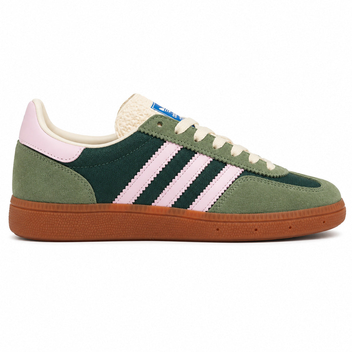 Adidas SNS GT II verde oscuro ante oliva bandas rosa crema suela goma caramelo perfil derecho