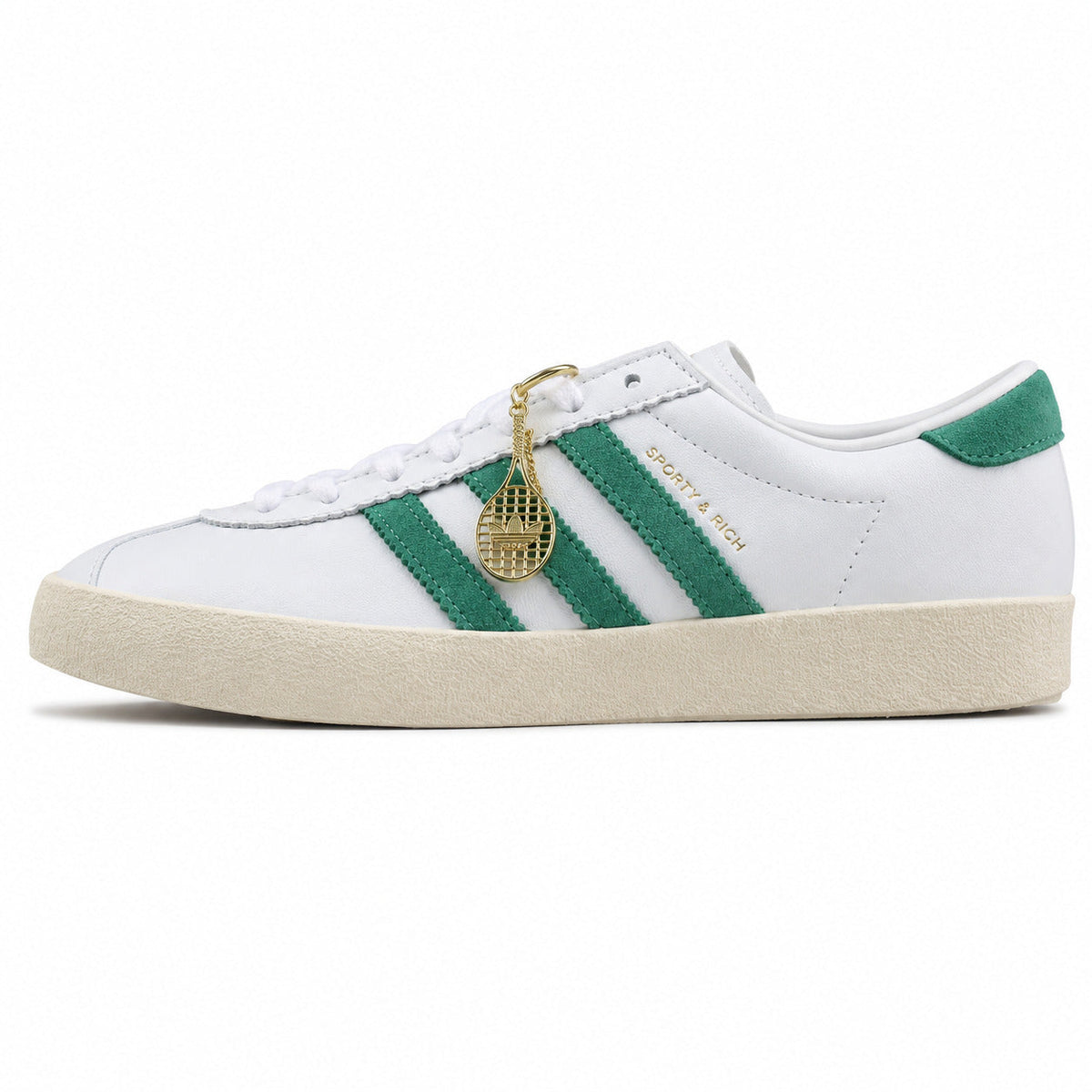 Adidas Taekwondo x Sporty Rich blanco verde ante colgante raqueta suela crema perfil izquierdo