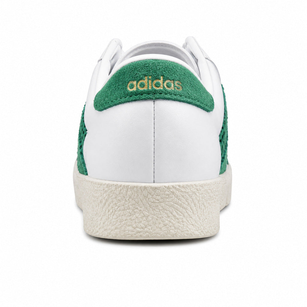 Adidas Taekwondo x Sporty Rich blanco detalle talón ante verde adidas dorado suela crema